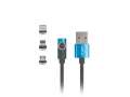 LANBERG Kabel magnetyczny kątowy USB-A(M)->USB MICRO(M)+LIGHTNING(M)+USB-C(M) 2.0 1m czarno-niebieski QC 3.0-382040