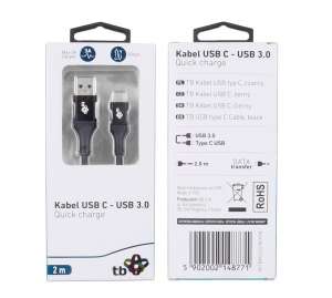 TB Kabel USB 3.0 - USB C 2m PREMIUM 3A czarny TPE