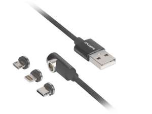 Kabel USB 2.0 Lanberg USB-A - micro USB-B + Lightning + USB type-C M/M combo kątowy QC 3.0 magnetyczny 1m czarny