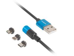 Kabel USB 2.0 Lanberg USB-A - micro USB-B + Lightning + USB type-C M/M combo QC 3.0 magnetyczny 1m czarno-niebieski