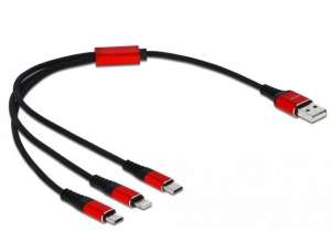 Delock Kabel USB 2.0 Delock USB-A - micro USB-B + Lightning + USB-C tylko ładowanie M/M 0,3m czarno-czerwony