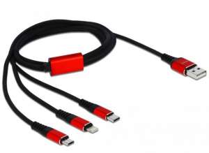 Delock Kabel USB 2.0 Delock USB-A - micro USB-B + Lightning + USB-C tylko ładowanie M/M 1m czarno-czerwony