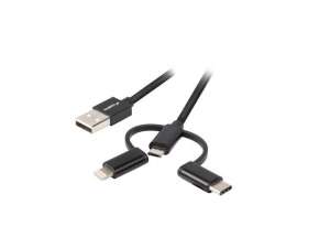 LANBERG Kabel 3in1 USB-A(M)->USB MICRO(M)+LIGHTNING(M)+USB-C(M) 2.0 1M  czarny premium