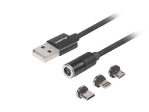 LANBERG Kabel magnetyczny COMBO USB-A(M)->USB MICRO(M)+LIGHTNING(M)+USB-C(M) 2.0 1m czarny QC 3.0