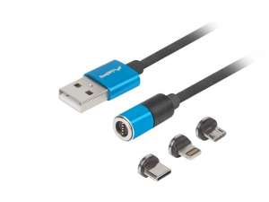 LANBERG Kabel magnetyczny COMBO USB-A(M)->USB MICRO(M)+LIGHTNING(M)+USB-C(M) 2.0 1m czarno-niebieski QC 3.0