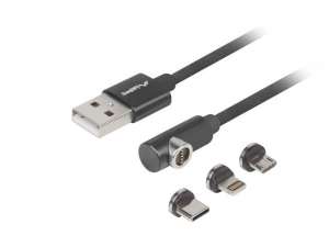 LANBERG Kabel magnetyczny kątowy COMBO USB-A(M)->USB MICRO(M)+LIGHTNING(M)+USB-C(M) 2.0 1m czarny QC 3.0