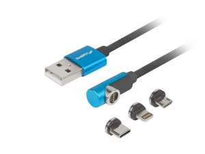LANBERG Kabel magnetyczny kątowy USB-A(M)->USB MICRO(M)+LIGHTNING(M)+USB-C(M) 2.0 1m czarno-niebieski QC 3.0