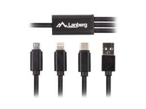LANBERG Kabel COMBO USB-A(M)->USB MICRO(M)+LIGHTNING(M)+USB-C(M) 2.0 1m czarny Premium