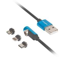 Kabel magnetyczny kątowy USB-A(M)->USB MICRO(M)+LIGHTNING(M)+USB-C(M) 2.0 1m czarno-niebieski QC 3.0