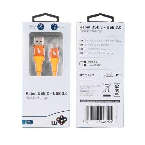 TB Kabel USB 3.0 - USB C 2m PREMIUM 3A pomarańczowy TPE-2165297
