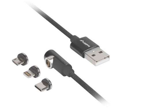 Kabel USB 2.0 Lanberg USB-A - micro USB-B + Lightning + USB type-C M/M combo kątowy QC 3.0 magnetyczny 1m czarny-9049