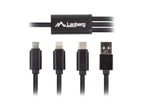 LANBERG Kabel COMBO USB-A(M)->USB MICRO(M)+LIGHTNING(M)+USB-C(M) 2.0 1m czarny Premium-382042